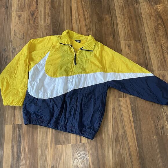 Nike ANORAK Big Swoosh Woven Statement Jacket Men’s M - Yellow / White / Navy - Picture 1 of 9